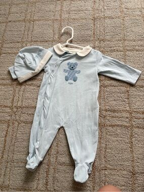 Fendi Pale Blue Infant Footie with Matching Hat